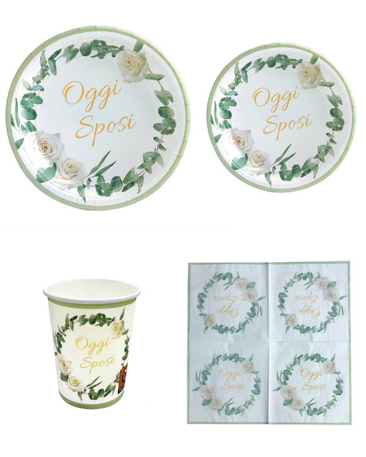 Set Coordinato Tavola "Oggi Sposi" – Piatti, Bicchieri e Tovaglioli Eleganti per Matrimonio