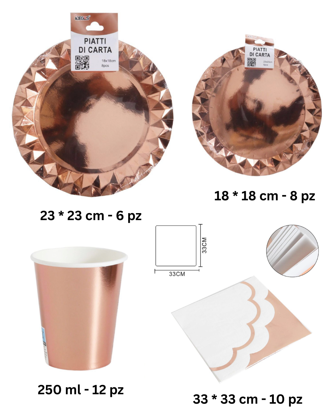 Set Festa Elegante in Carta – Rose Gold Metallizzato (Piatti, Bicchieri, Tovaglioli)