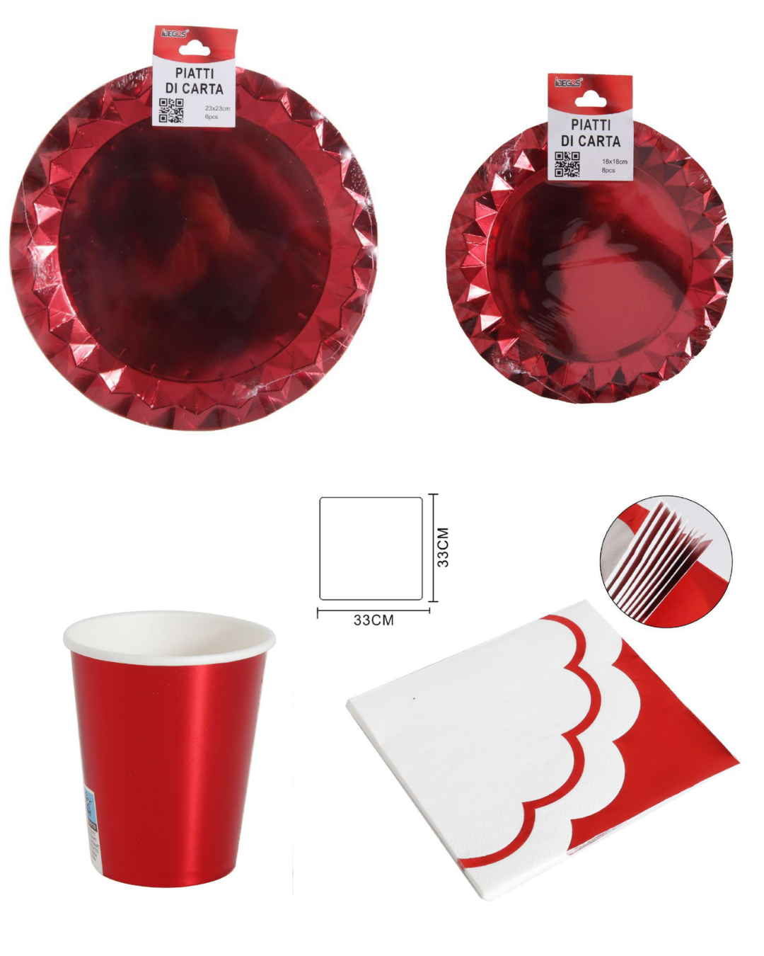 Set Festa in Carta – Rosso Metallizzato (Piatti, Bicchieri, Tovaglioli Coordinati)