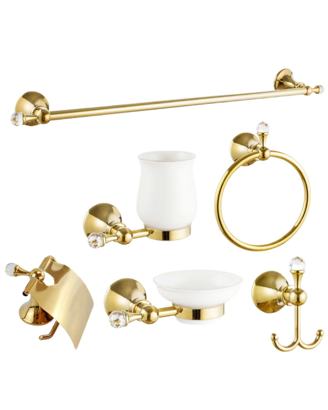 Set Accessori Bagno 6 Pezzi Oro con Cristalli – Porta Asciugamani, Bicchiere, Porta Sapone, Gancio, Anello e Porta Carta