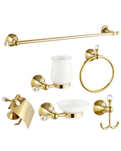 Set Accessori Bagno 6 Pezzi Oro con Cristalli – Porta Asciugamani, Bicchiere, Porta Sapone, Gancio, Anello e Porta Carta