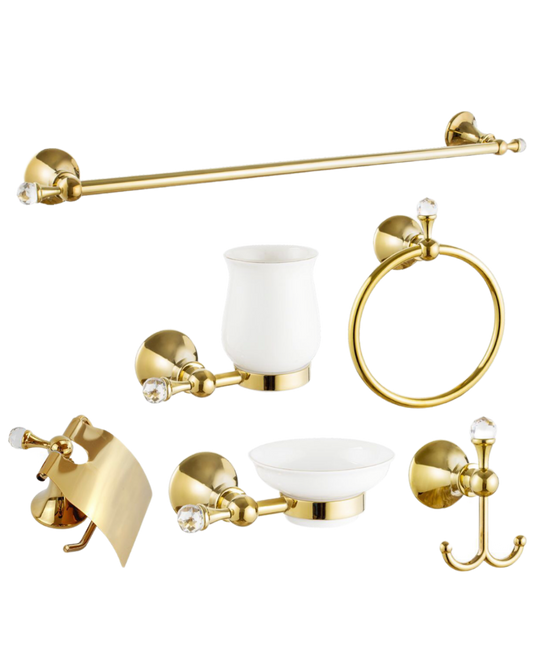 Set Accessori Bagno 6 Pezzi Oro con Cristalli – Porta Asciugamani, Bicchiere, Porta Sapone, Gancio, Anello e Porta Carta