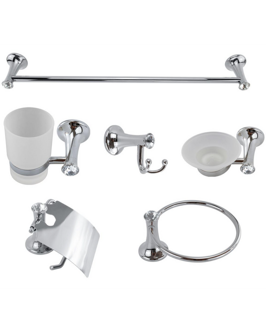 Set Accessori Bagno 6 Pezzi in Acciaio Cromato con Dettagli Cristallo – Eleganza e Funzionalità