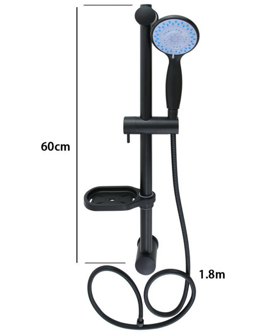 Kit Asta Doccia Nera Opaca con Soffione Multigetto – Asta 60 cm + Flessibile 1,8 m + Portaoggetti