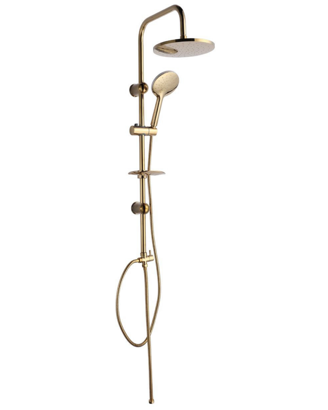 Colonna Doccia Oro Spazzolato con Soffione Tondo, Doccetta e Mensola Portaoggetti