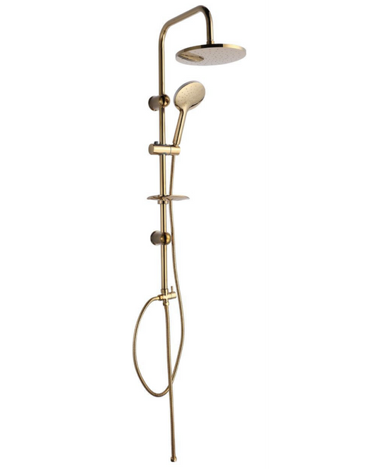 Colonna Doccia Oro Spazzolato con Soffione Tondo, Doccetta e Mensola Portaoggetti