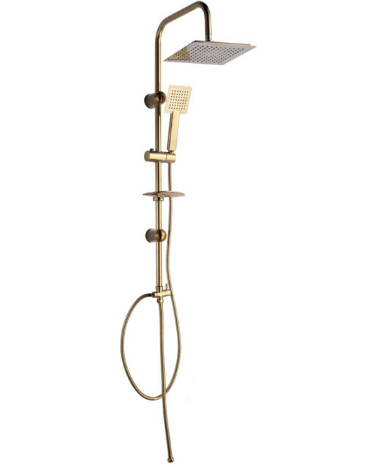 Colonna Doccia a Pioggia con Soffione Quadrato e Doccetta – Finitura in Ottone Spazzolato
