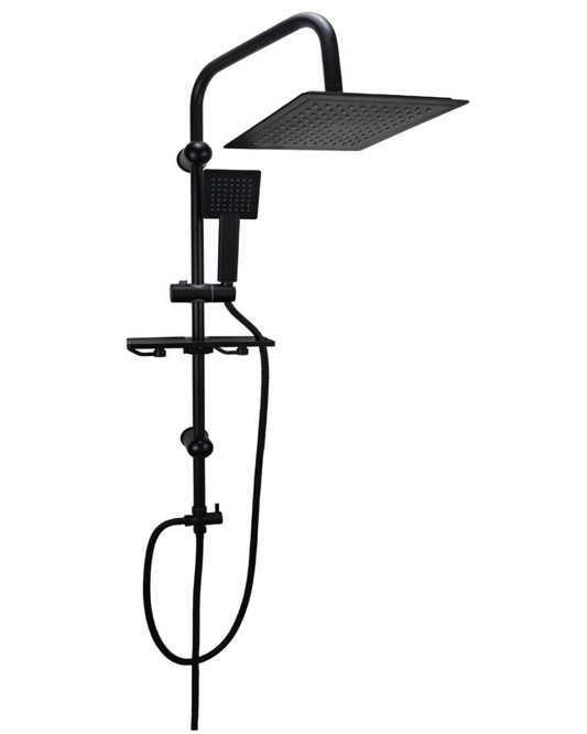 Colonna Doccia Nera Opaca con Soffione Quadrato e Doccetta – Design Moderno con Mensola Portaoggetti
