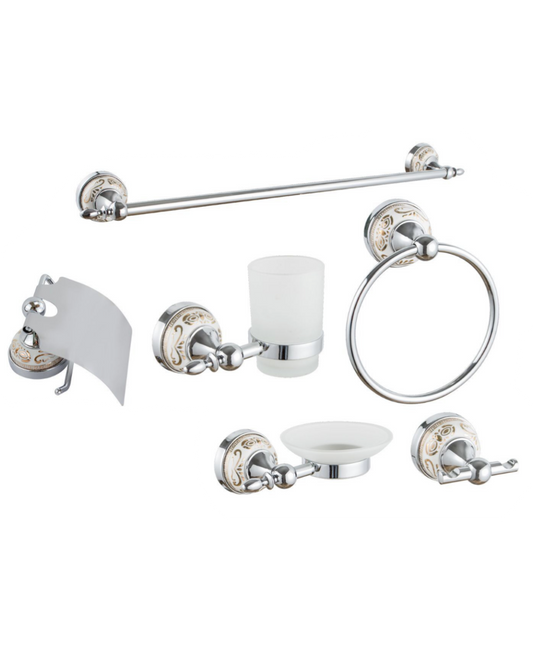 Set Bagno Classico Bianco e Cromo – 6 Pezzi con Decori Eleganti