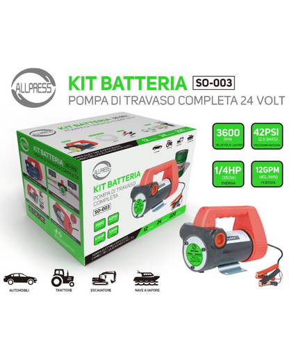 Pompa Travaso Elettrica 24V Kit Batteria SO-003 – 350W, 45L/min, 42 PSI
