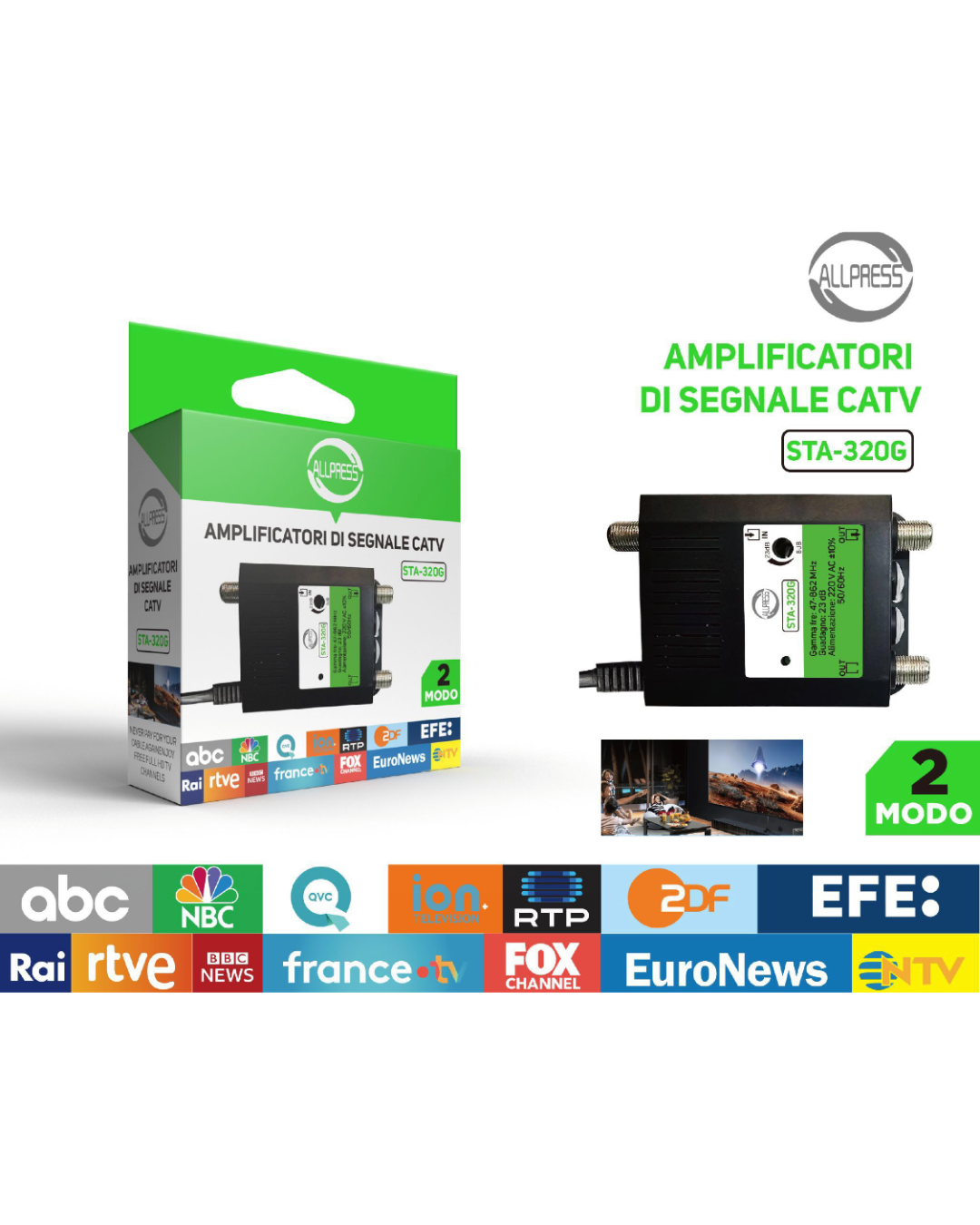 Amplificatore di Segnale TV CATV Allpress STA-320G – 2 Uscite, 23 dB, 220V
