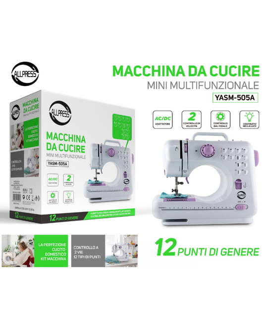 Macchina da Cucire Portatile 12 Punti YASM-505A | Mini Multifunzione con Pedale