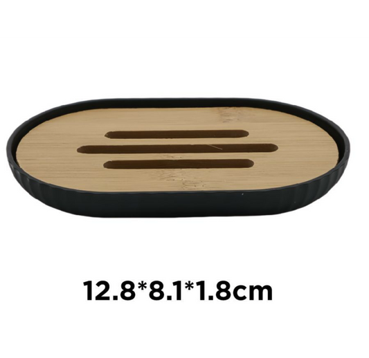 Porta Sapone Nero con Base in Bambù 12.8x8.1x1.8 cm