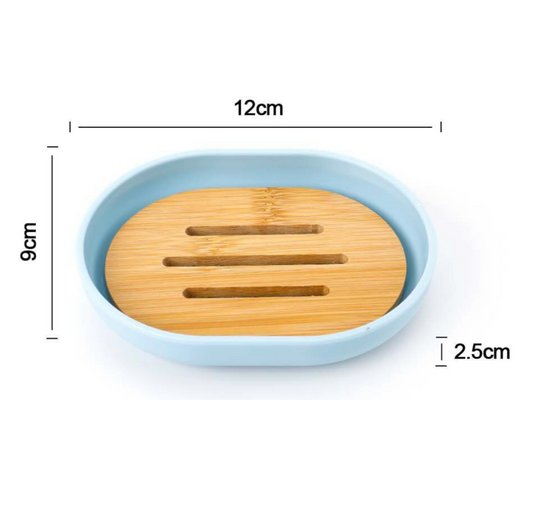 Porta Sapone Azzurro con Base in Bambù 12x9x2.5 cm