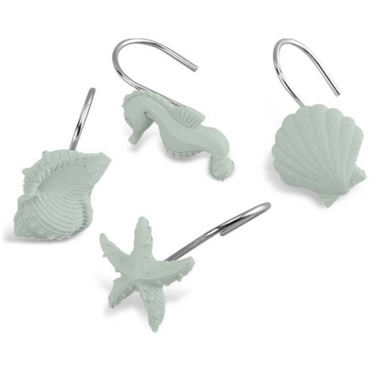 Ganci per Tenda da Bagno Tema Mare Verde Salvia - Set 12 Pezzi