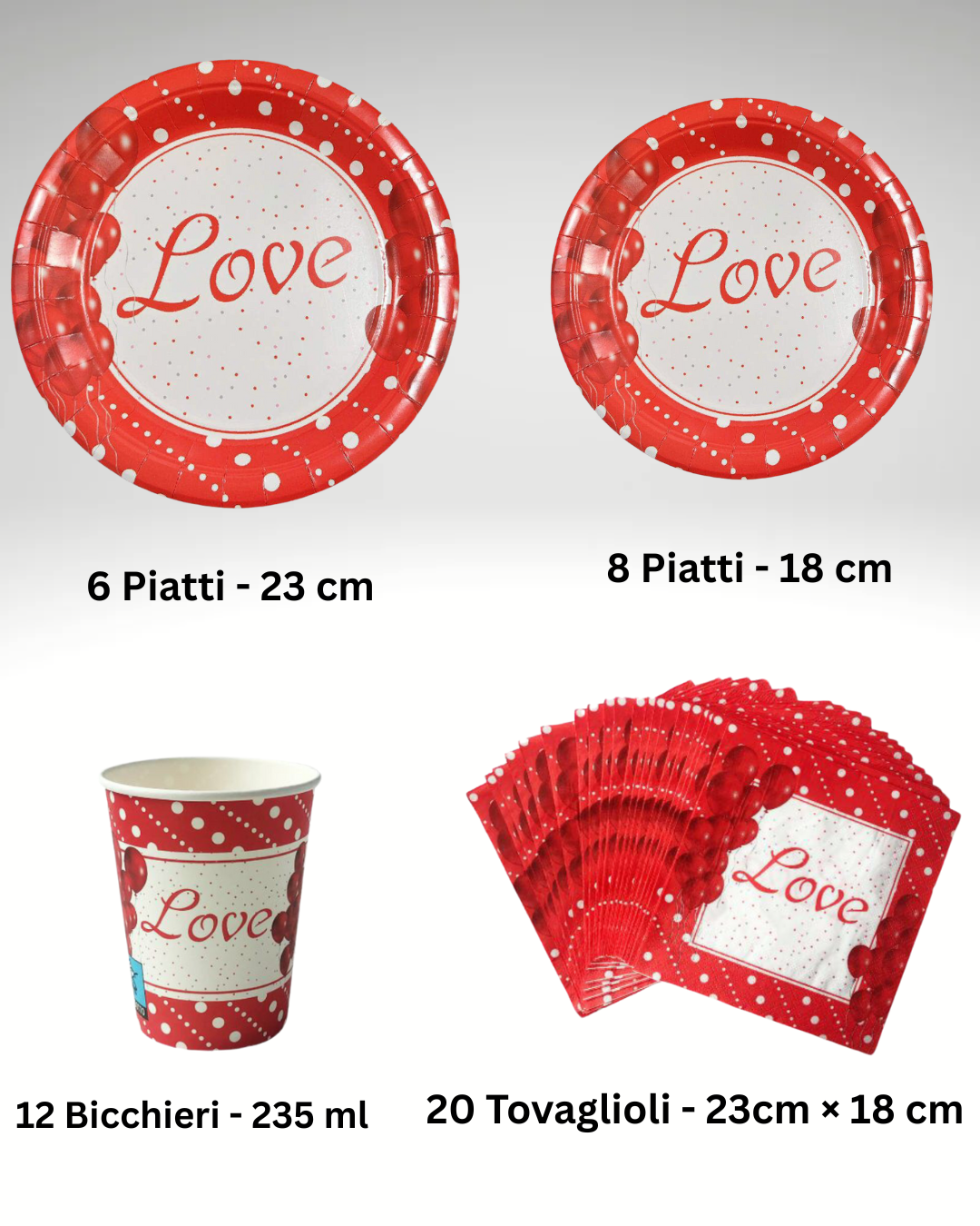 Set di Stoviglie per Feste “Love” – Piatti, Bicchieri e Tovaglioli Decorativi