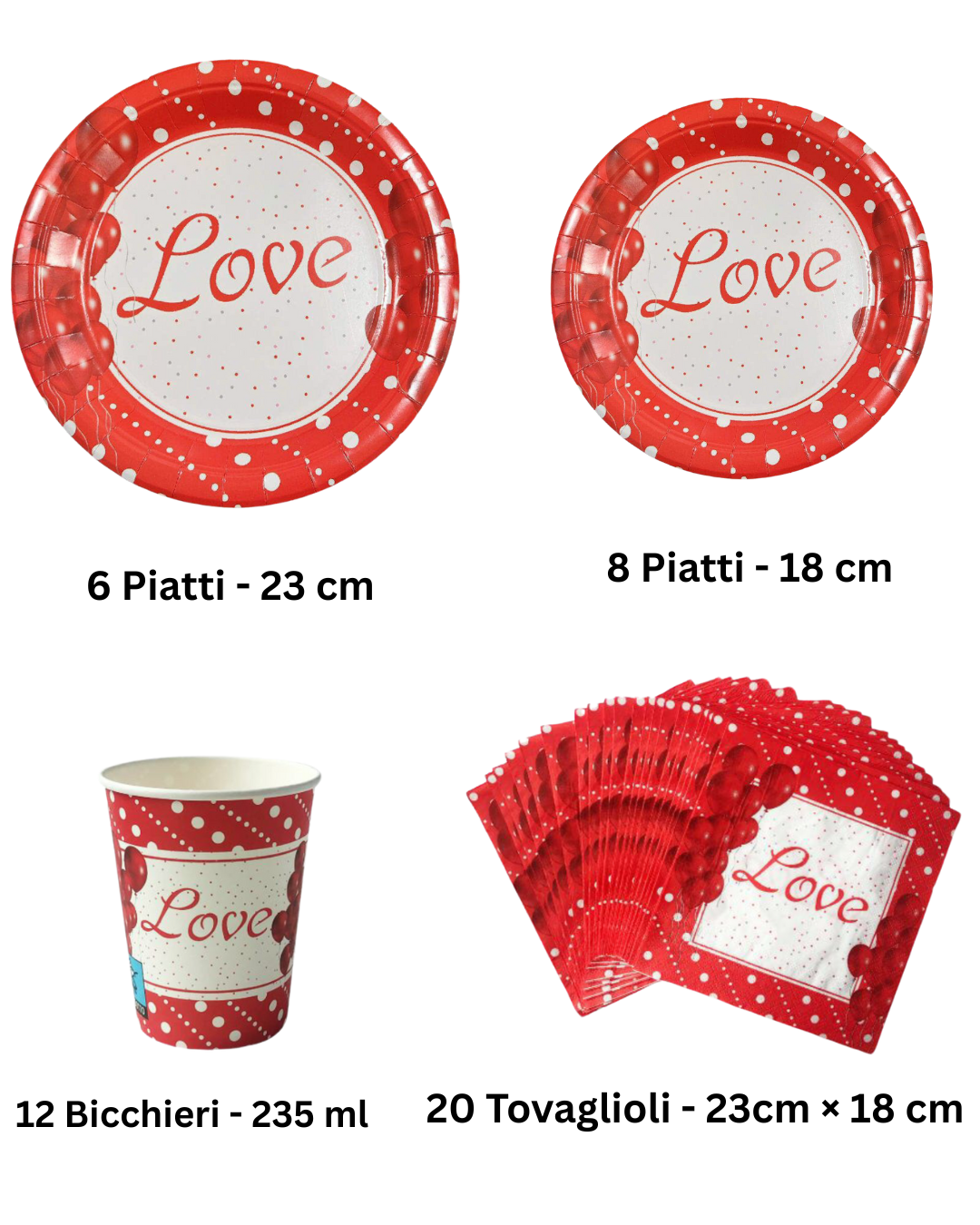 Set di Stoviglie per Feste “Love” – Piatti, Bicchieri e Tovaglioli Decorativi