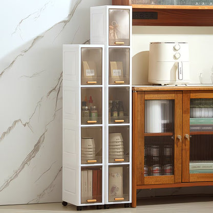 Mobiletto Salvaspazio Bagno Stretto 4 Ripiani con Ruote, Armadietto Portaoggetti Impilabile in Plastica con Anta Trasparente Flip-Top, Organizer Slim per Bagno, Cucina e Camera
