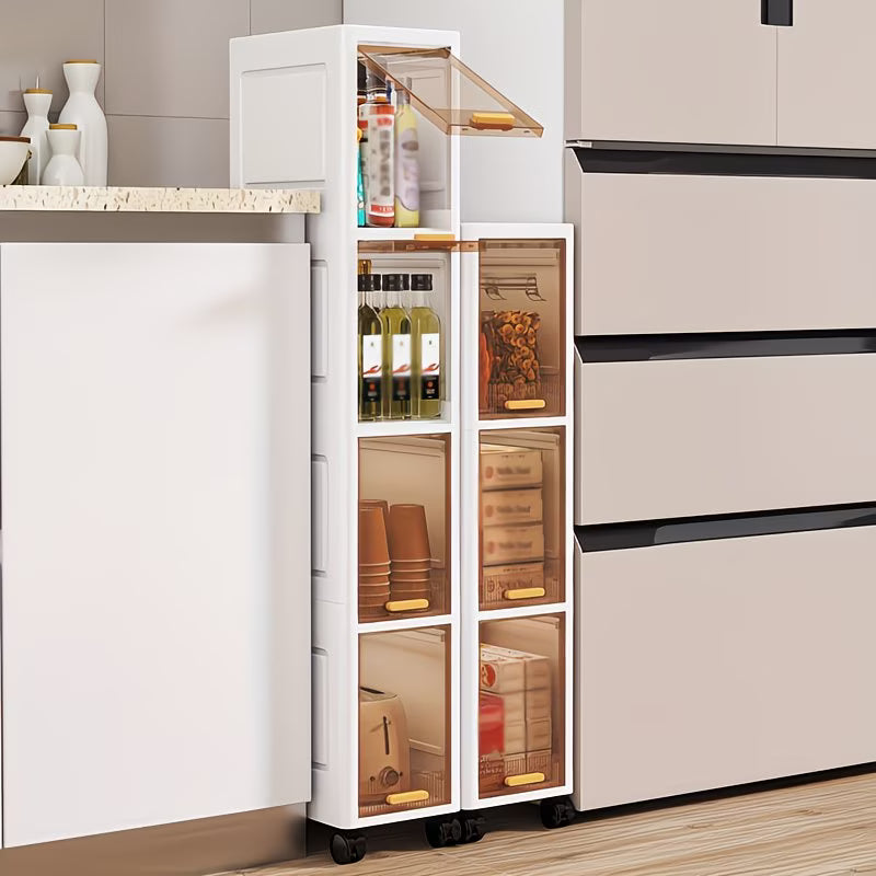 Mobiletto Salvaspazio Bagno Stretto 4 Ripiani con Ruote, Armadietto Portaoggetti Impilabile in Plastica con Anta Trasparente Flip-Top, Organizer Slim per Bagno, Cucina e Camera