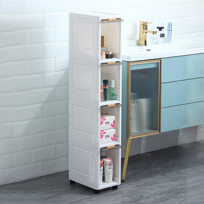 Mobiletto Salvaspazio Bagno Stretto 4 Ripiani con Ruote, Armadietto Portaoggetti Impilabile in Plastica con Anta Trasparente Flip-Top, Organizer Slim per Bagno, Cucina e Camera