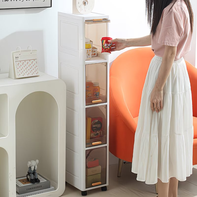 Mobiletto Salvaspazio Bagno Stretto 4 Ripiani con Ruote, Armadietto Portaoggetti Impilabile in Plastica con Anta Trasparente Flip-Top, Organizer Slim per Bagno, Cucina e Camera