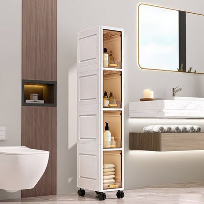 Mobiletto Salvaspazio Bagno Stretto 4 Ripiani con Ruote, Armadietto Portaoggetti Impilabile in Plastica con Anta Trasparente Flip-Top, Organizer Slim per Bagno, Cucina e Camera