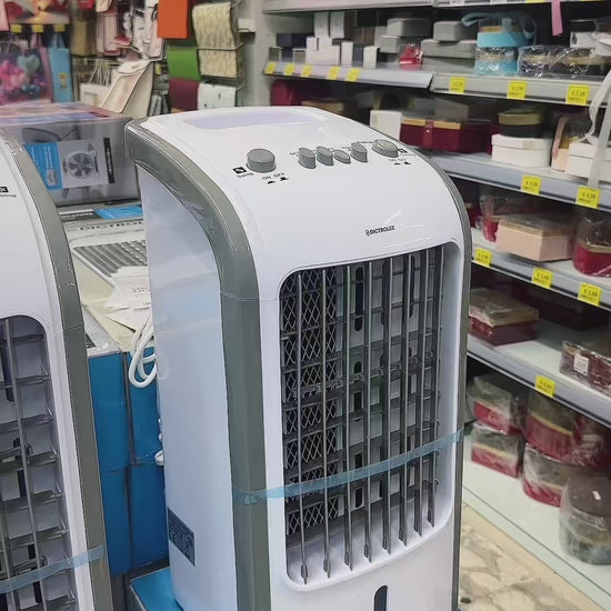 raffrescatore portatile 80w con serbatoio 4l e funzione swing raffrescatore evaporativo con 2 ice box inclusi su ruote dettaglio pannello comandi raffrescatore portatile 3 velocità vista laterale raffrescatore compatto dimensioni 58x25x26 cm raffrescament