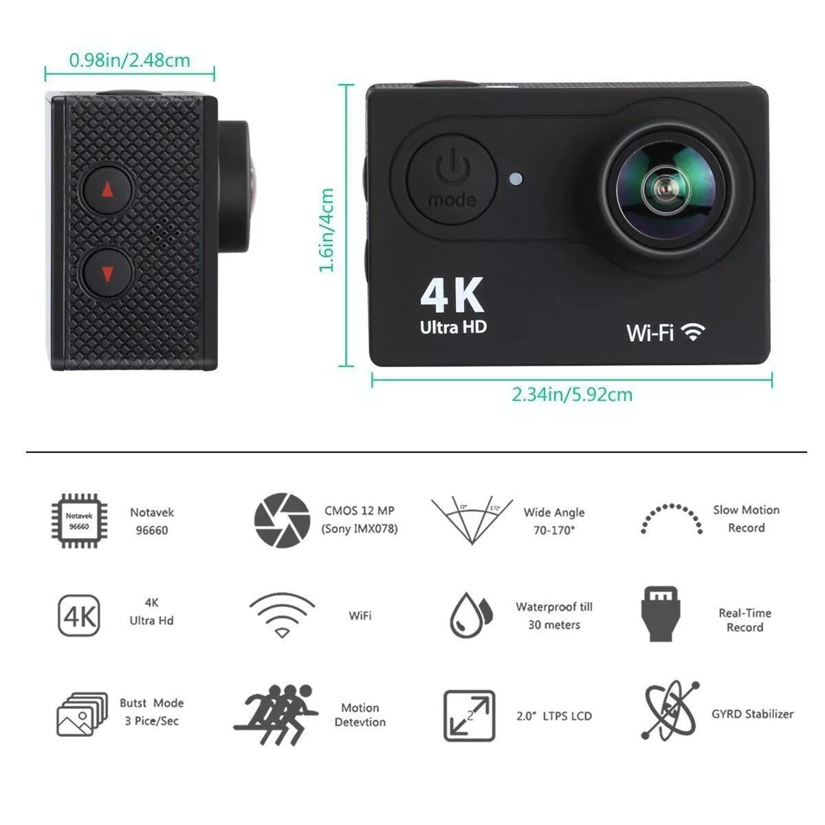 Action Camera 4K Ultra HD Wi-Fi – Subacquea 30M, Grandangolo, Slow Motion