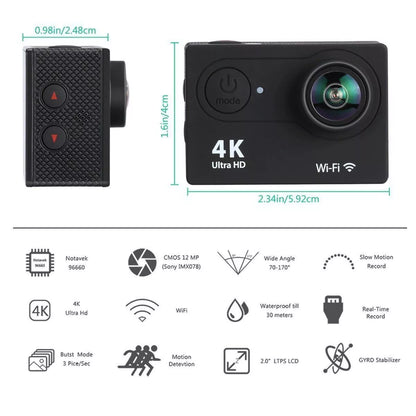 Action Camera 4K Ultra HD Wi-Fi – Subacquea 30M, Grandangolo, Slow Motion